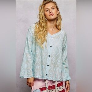 POL Sky Blue Embroidered Scalloped Edge Top - OS Airy Cotton Boho